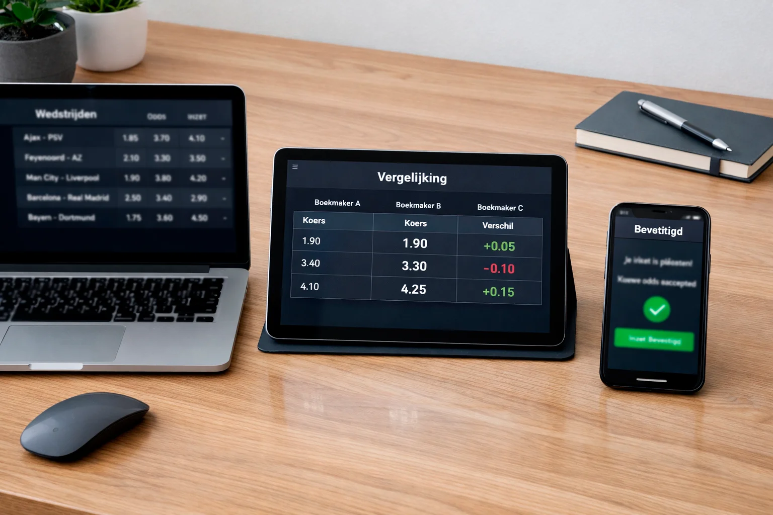 Meerdere apparaten op bureau met verschillende schermen