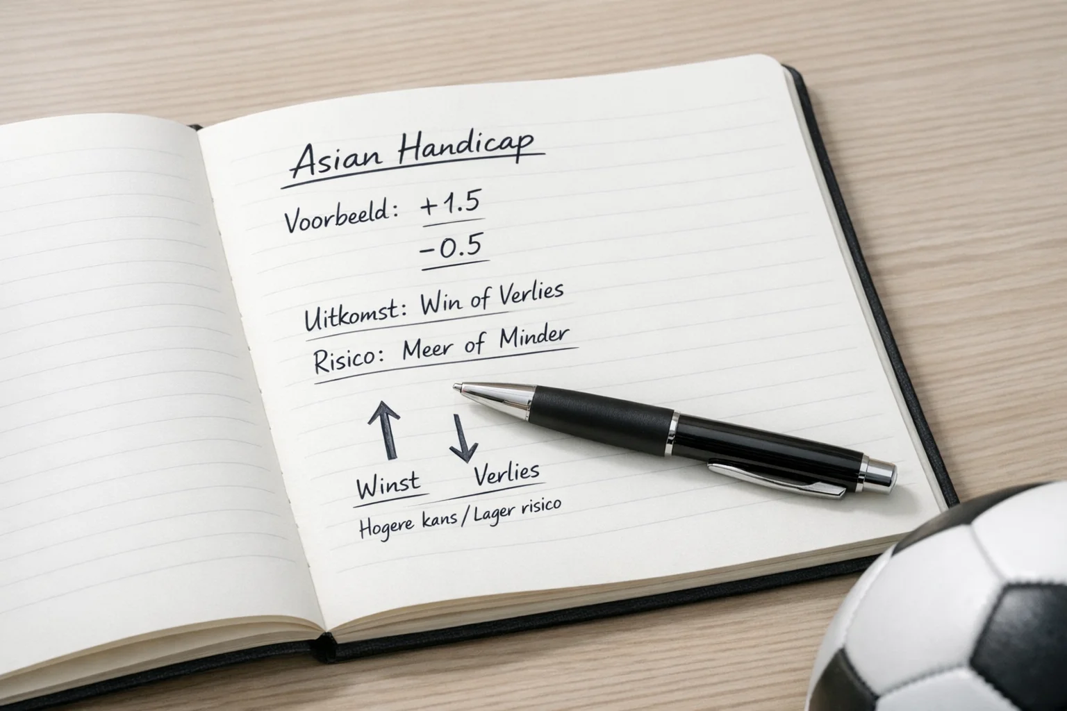 Notitieboek met aantekeningen en voetbal op achtergrond