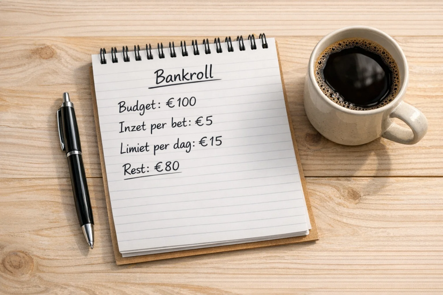 Notitieboek met simpele budgetnotities naast koffie en pen