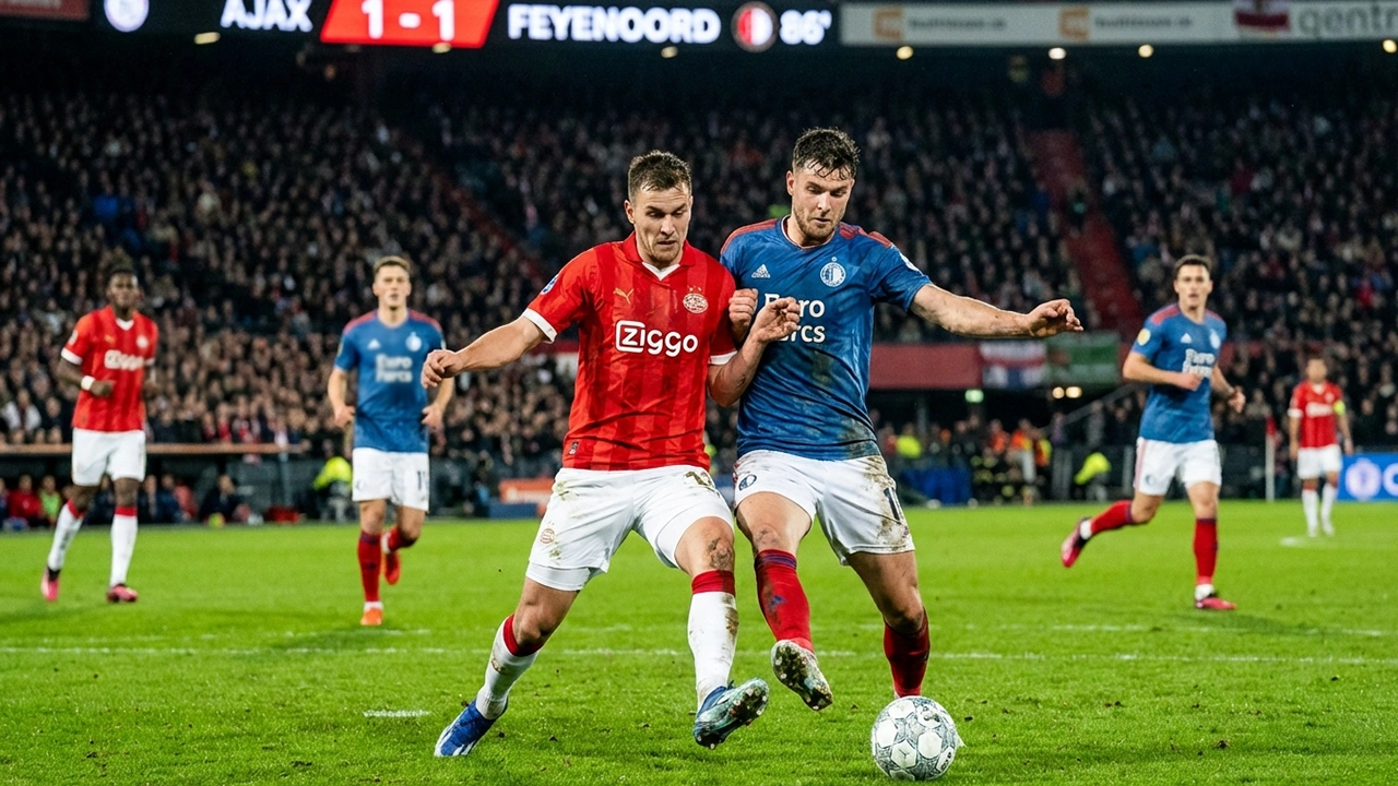 Twee voetbalteams in actie met scorebord op de achtergrond