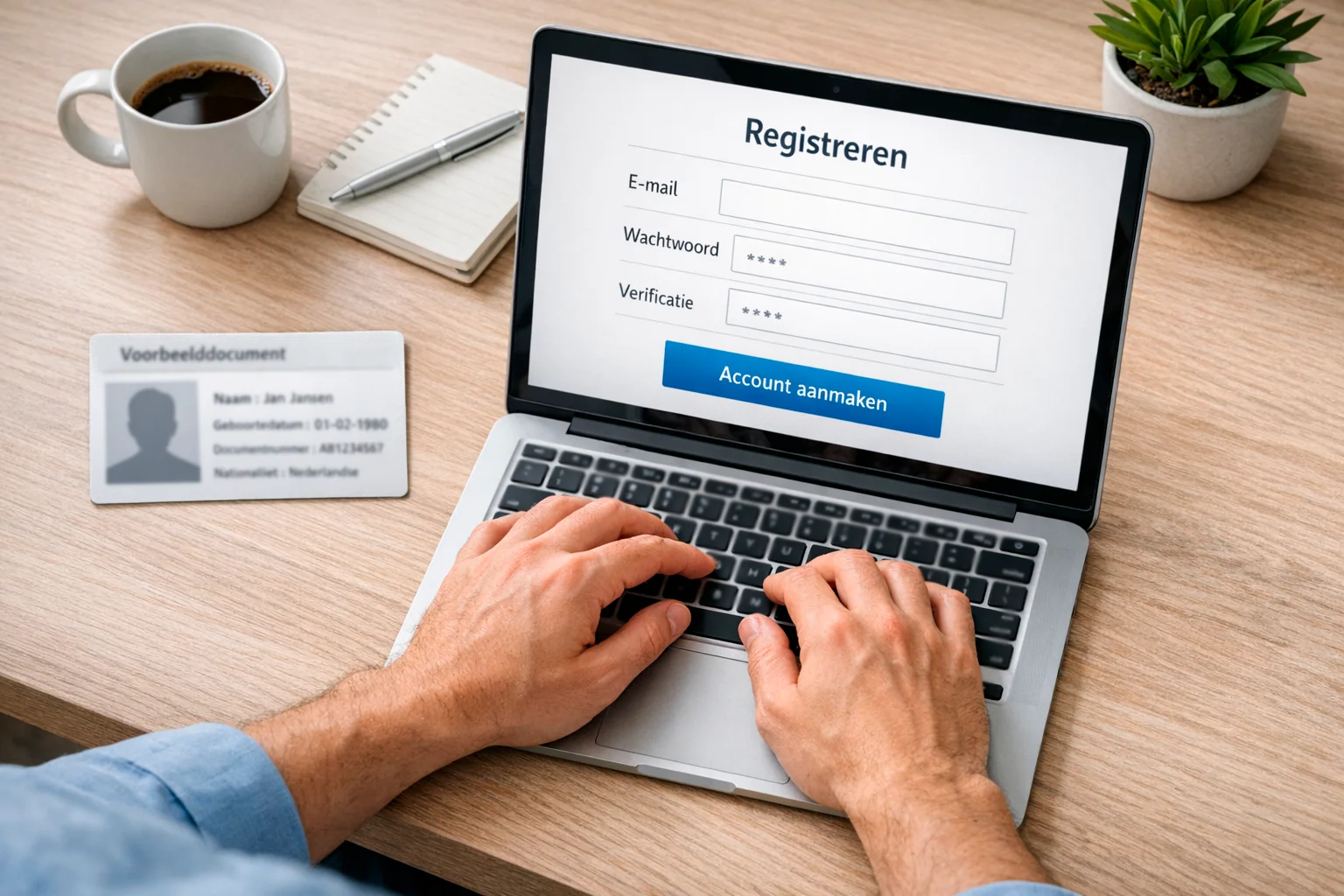 Persoon registreert zich op laptop met identiteitsbewijs ernaast