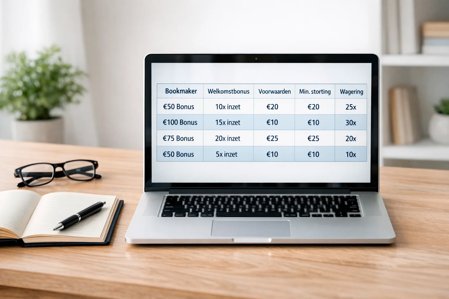 Laptop met vergelijkingsoverzicht op scherm en notitieblok