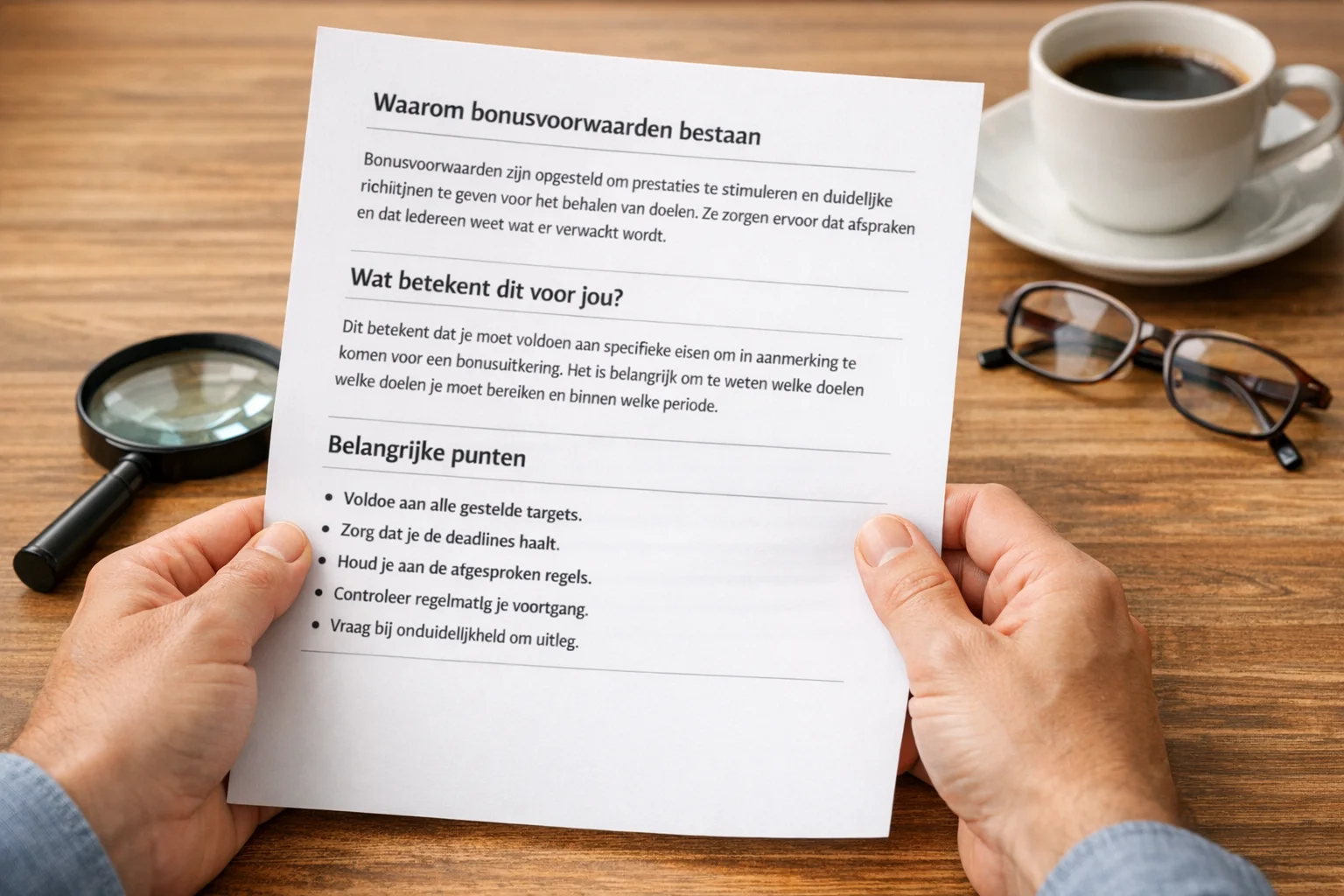 Persoon leest bonusvoorwaarden document met vergrootglas
