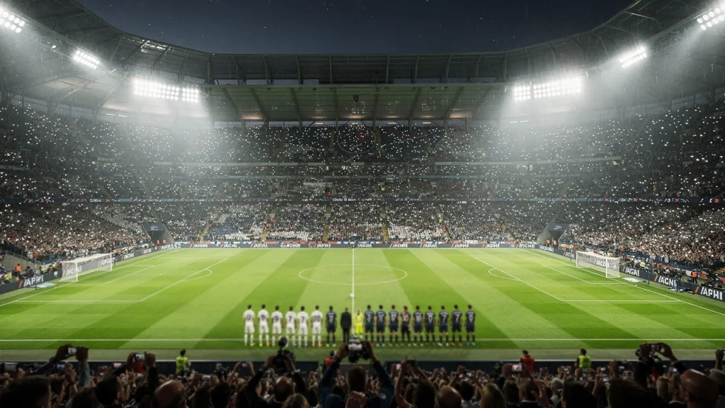 Champions League avond met verlichte stadion en sterrenhemel