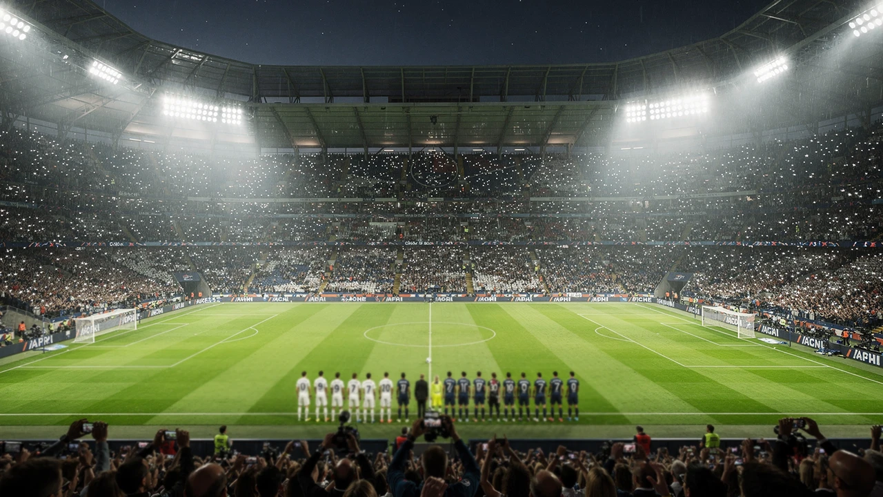 Champions League avond met verlichte stadion en sterrenhemel