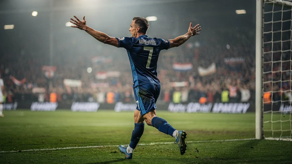 Voetbalspits die juicht na het scoren van een doelpunt