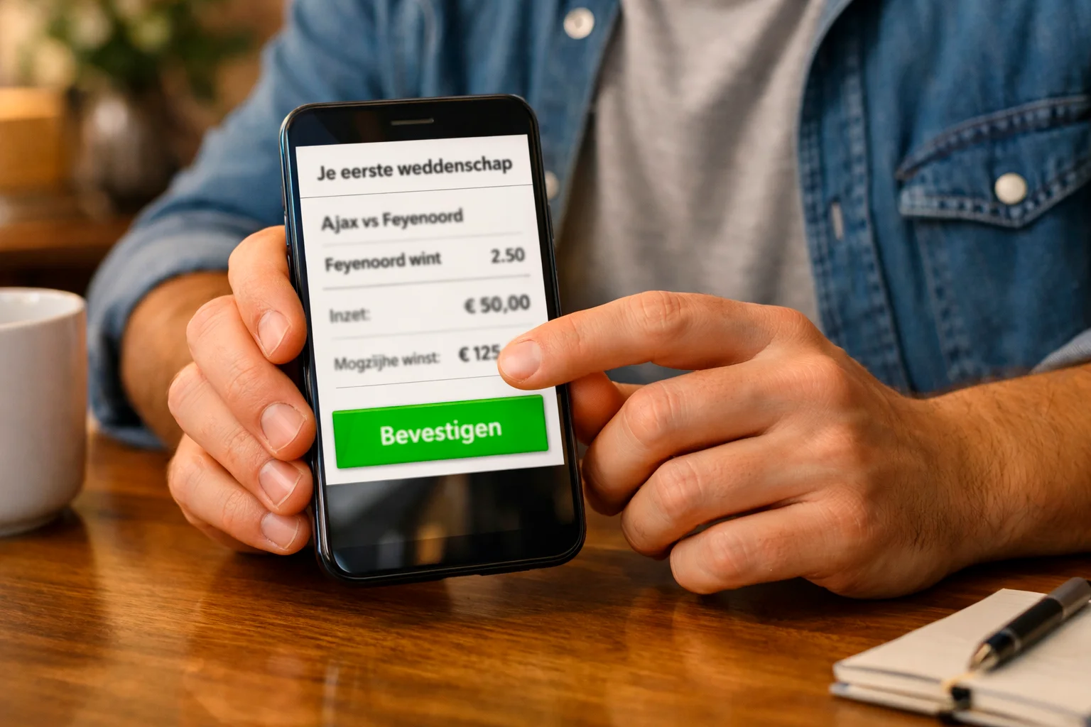 Handen typen op smartphone met wedden app op het scherm