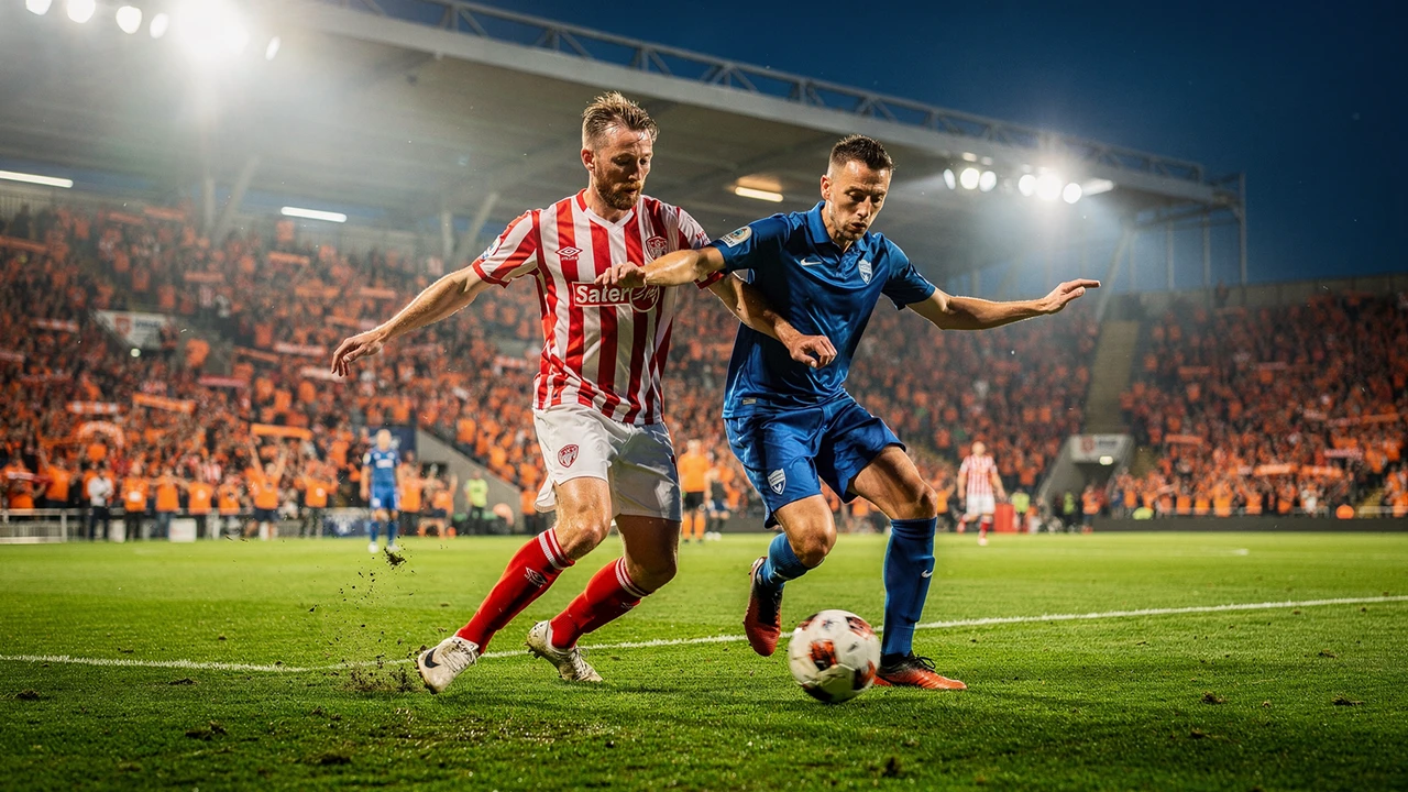 Eredivisie voetbalwedstrijd in een vol Nederlands stadion bij avondlicht