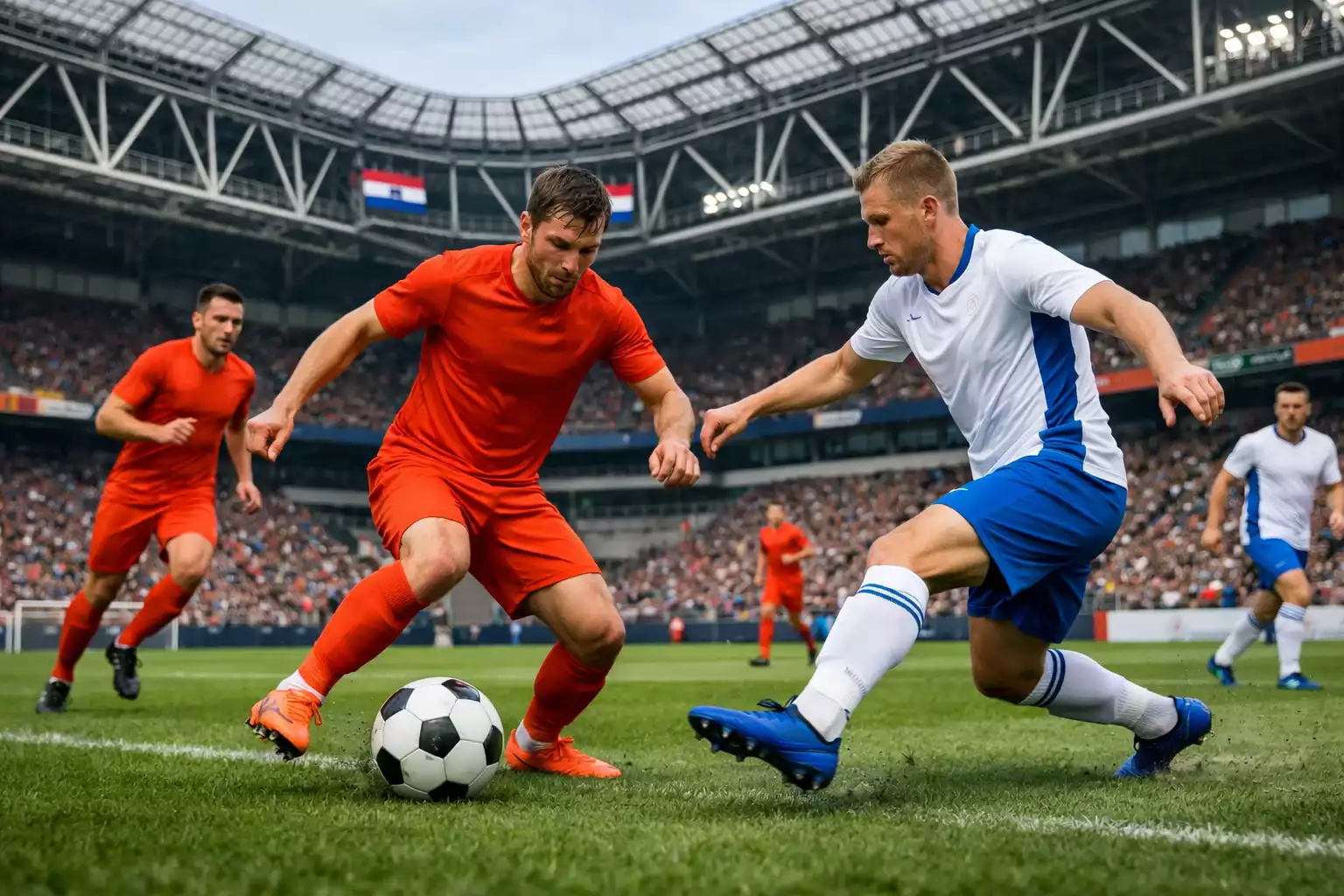 Nederlands voetbalveld met spelers tijdens competitiewedstrijd op gras