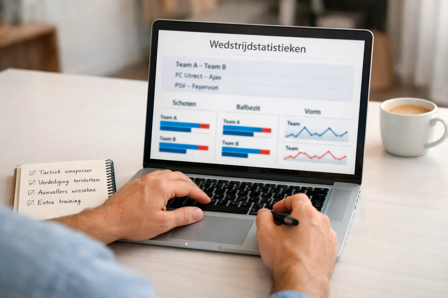 Persoon bekijkt sportstatistieken op laptop met notitieblok
