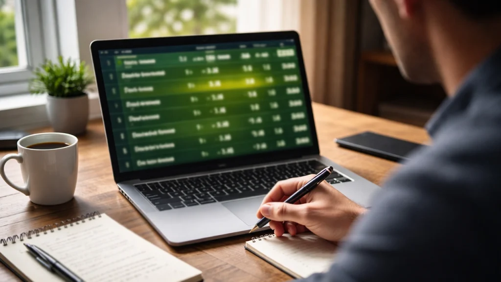 Persoon analyseert sportweddenschappen op laptop