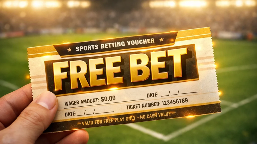 Gratis weddenschap ticket met voetbalveld op achtergrond