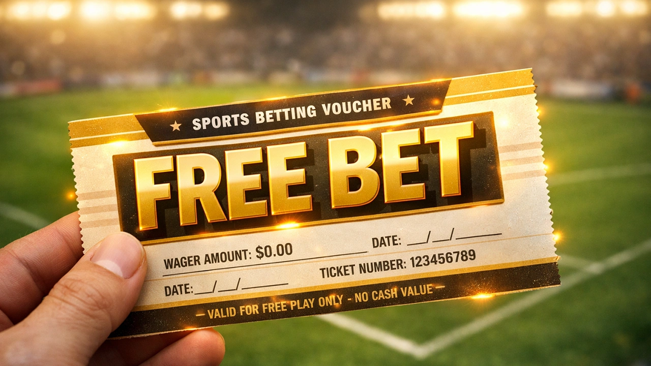 Gratis weddenschap ticket met voetbalveld op achtergrond