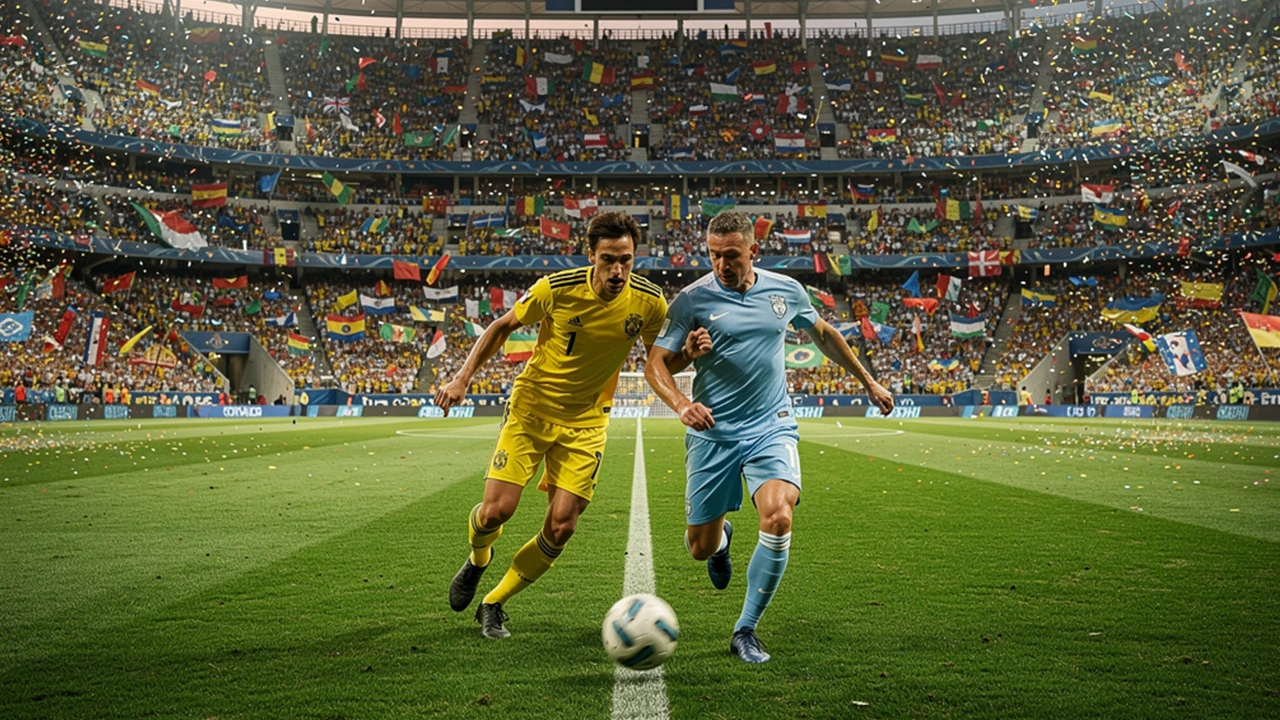 Groot internationaal voetbaltoernooi met nationale vlaggen en vol stadion