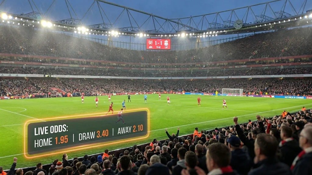 Voetbalwedstrijd in stadion met live quoteringen overlay