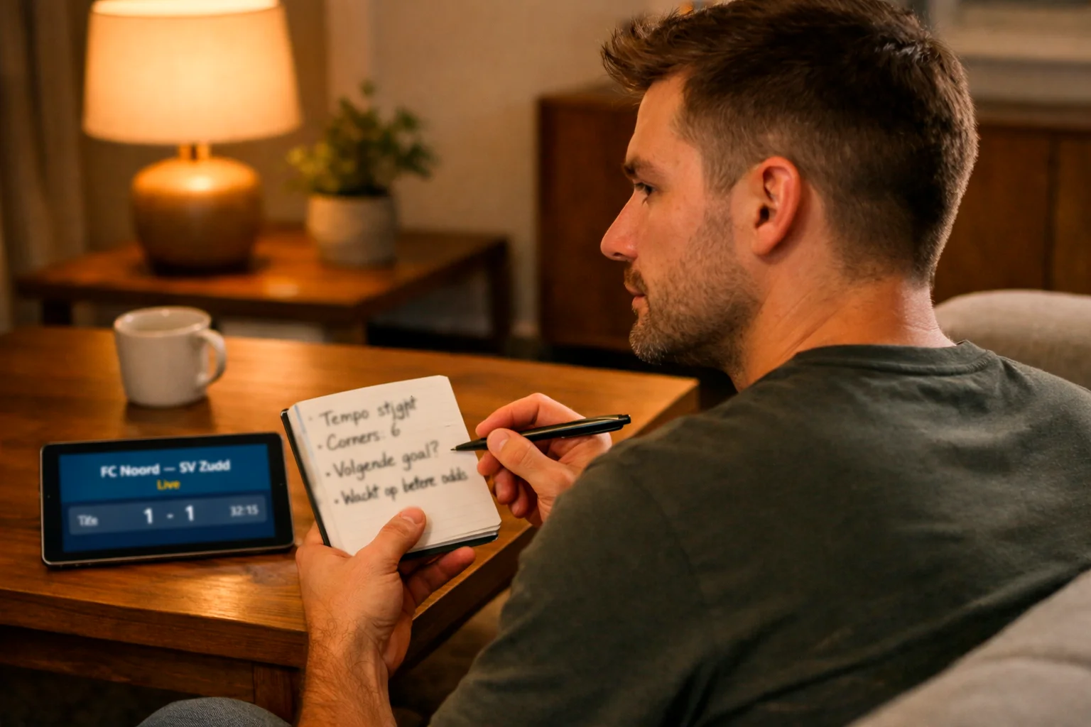 Persoon maakt notities tijdens het kijken naar voetbalwedstrijd