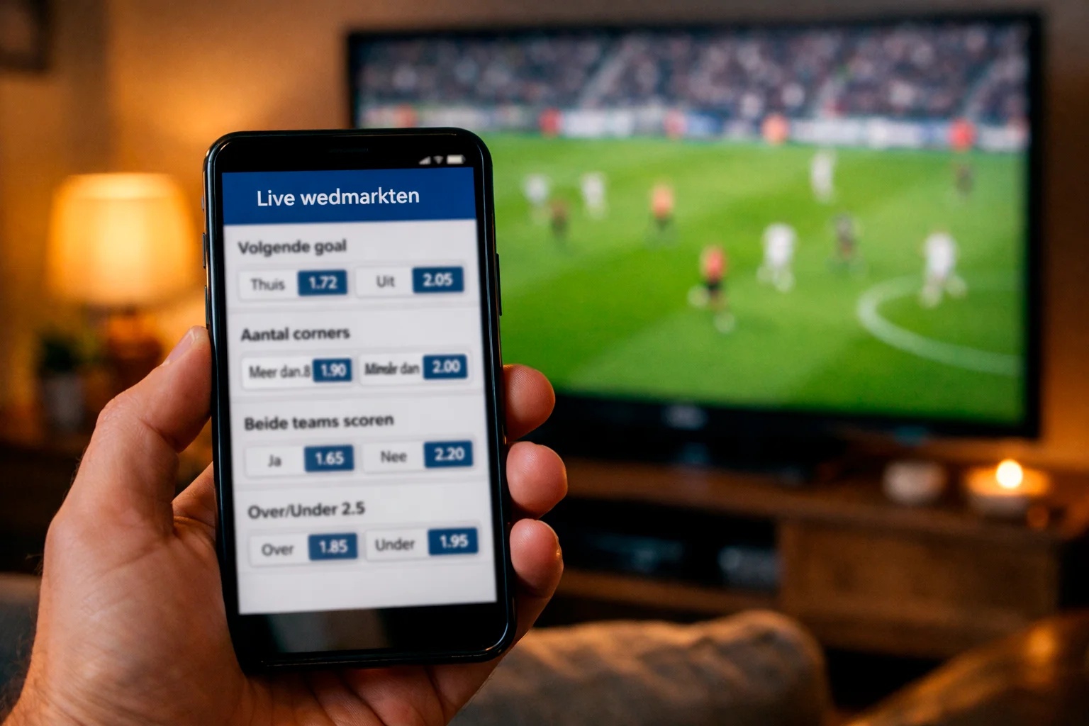 Smartphone in hand met voetbalwedstrijd op televisie op achtergrond