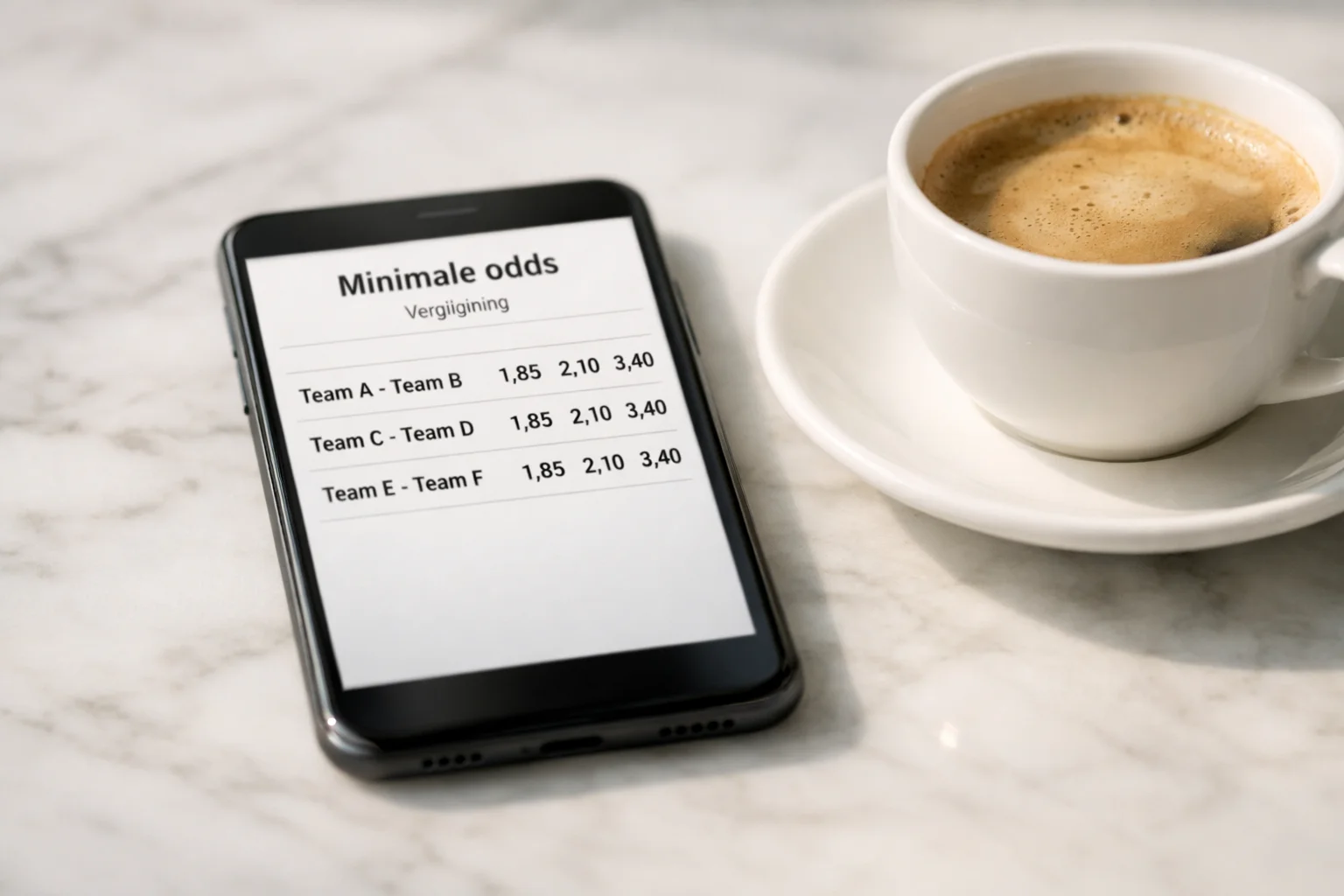 Smartphone met wedden app die odds weergeeft naast koffiekop
