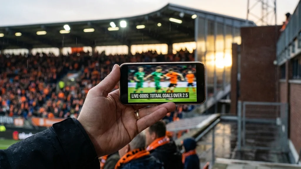 Smartphone met sportwedstrijd op het scherm in een stadion