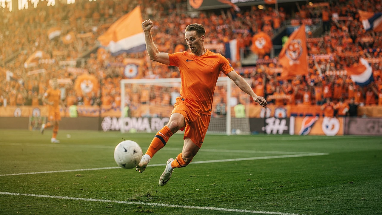Het Nederlands Elftal in actie met oranje supporters op de achtergrond