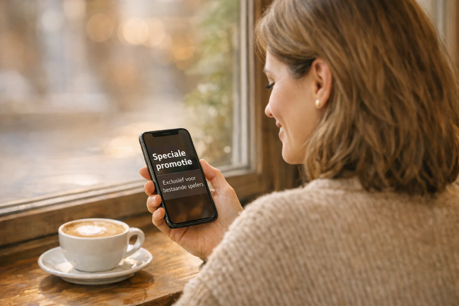 Tevreden persoon bekijkt speciale aanbieding op smartphone