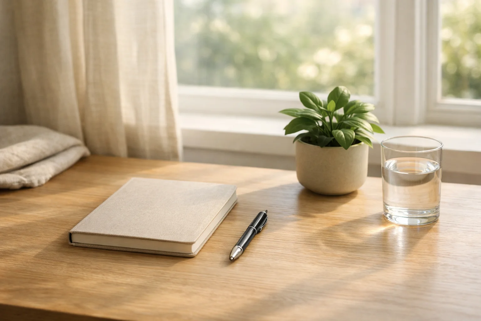 Rustige werkplek met notitieboek en plant bij raam