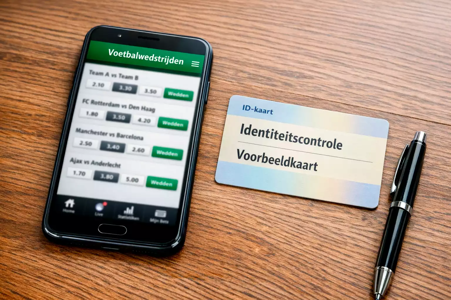 Smartphone met sportapp en identificatiebewijs op bureau