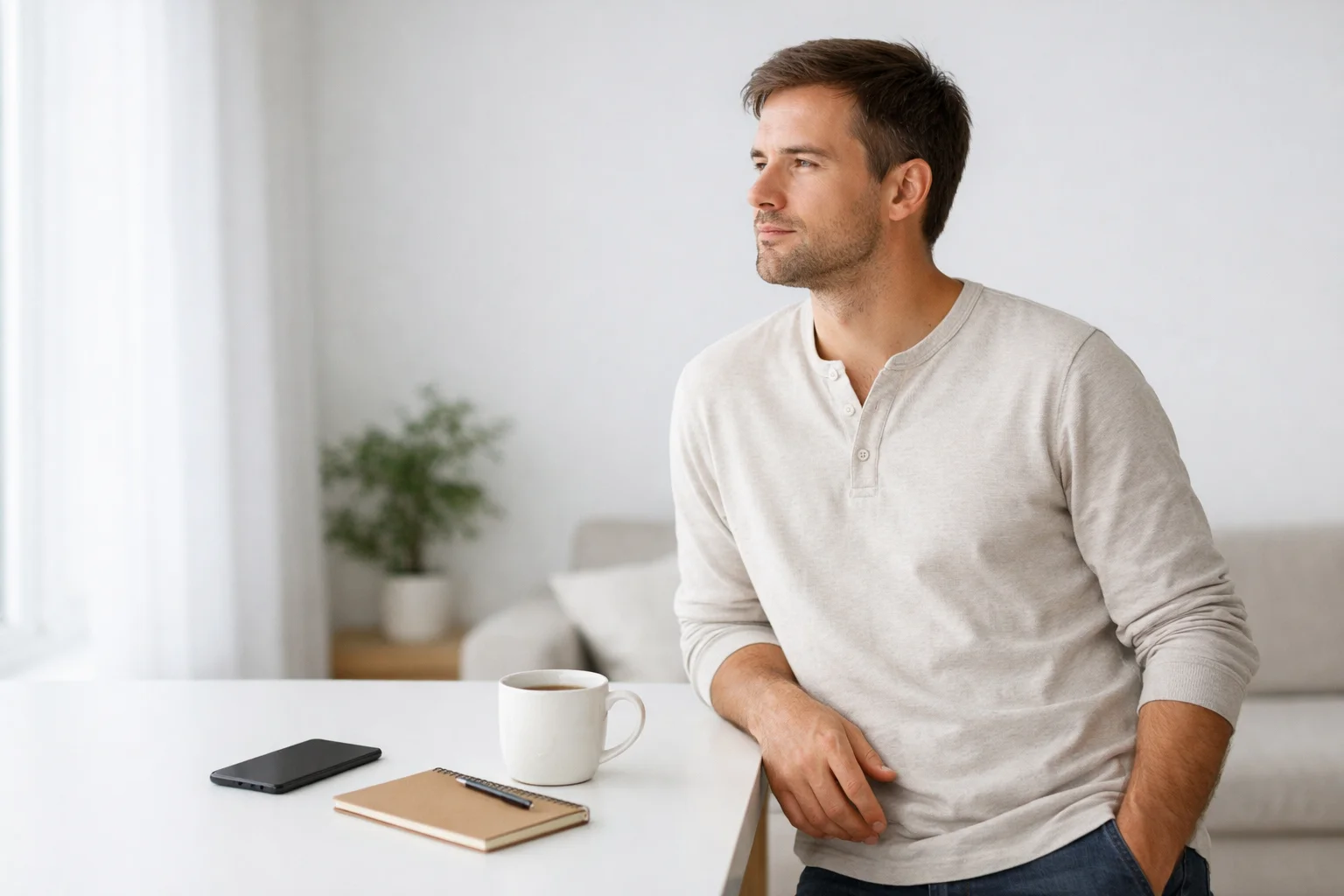 Persoon neemt pauze van telefoon en kijkt door raam