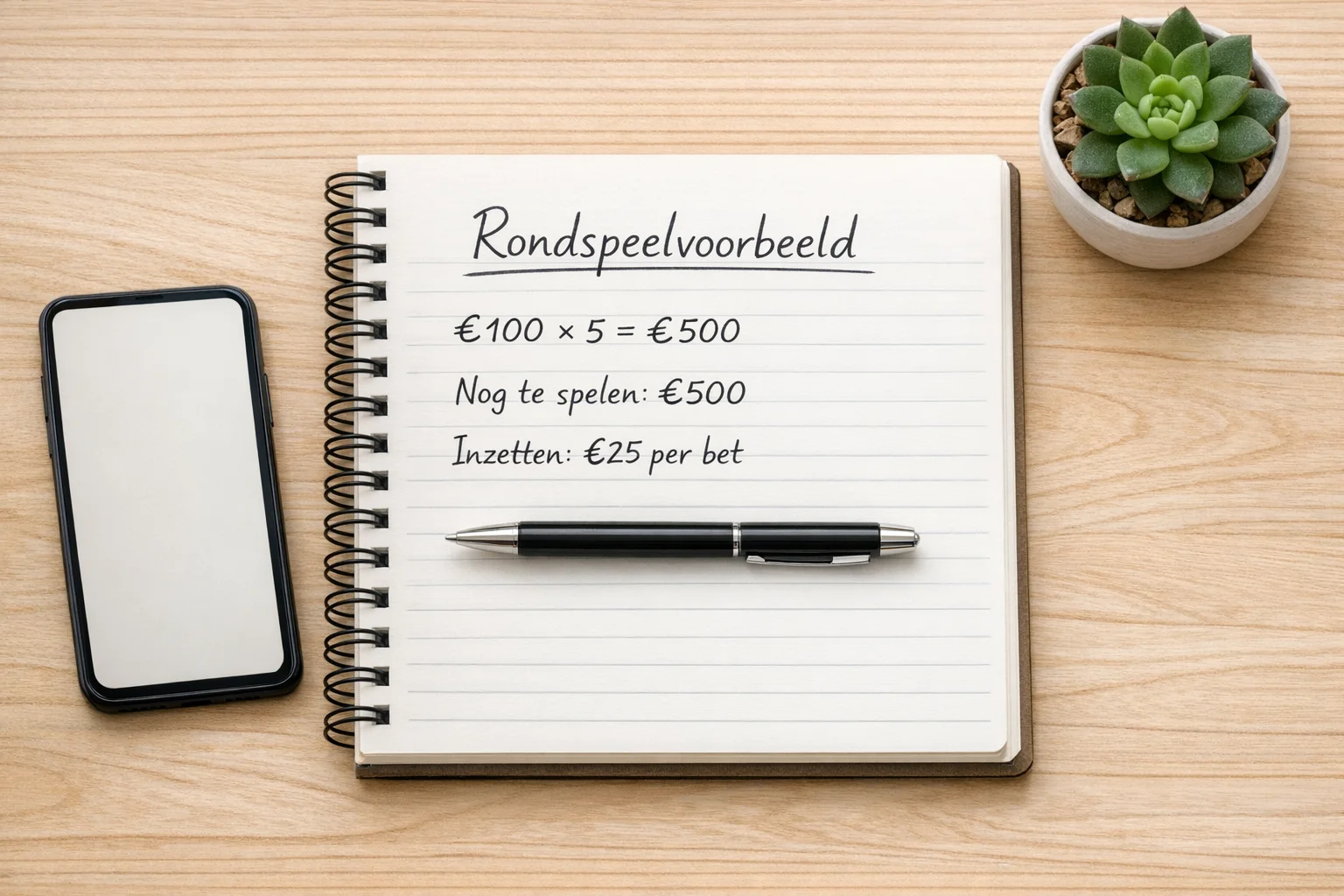 Notitieboek met pen en eenvoudige berekening voor rondspeeleis