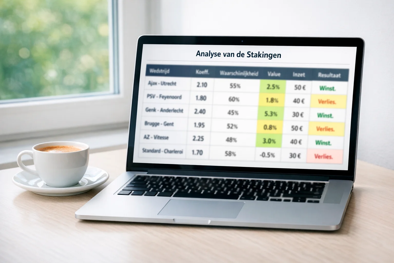 Laptop met spreadsheet en koffiekop op bureau