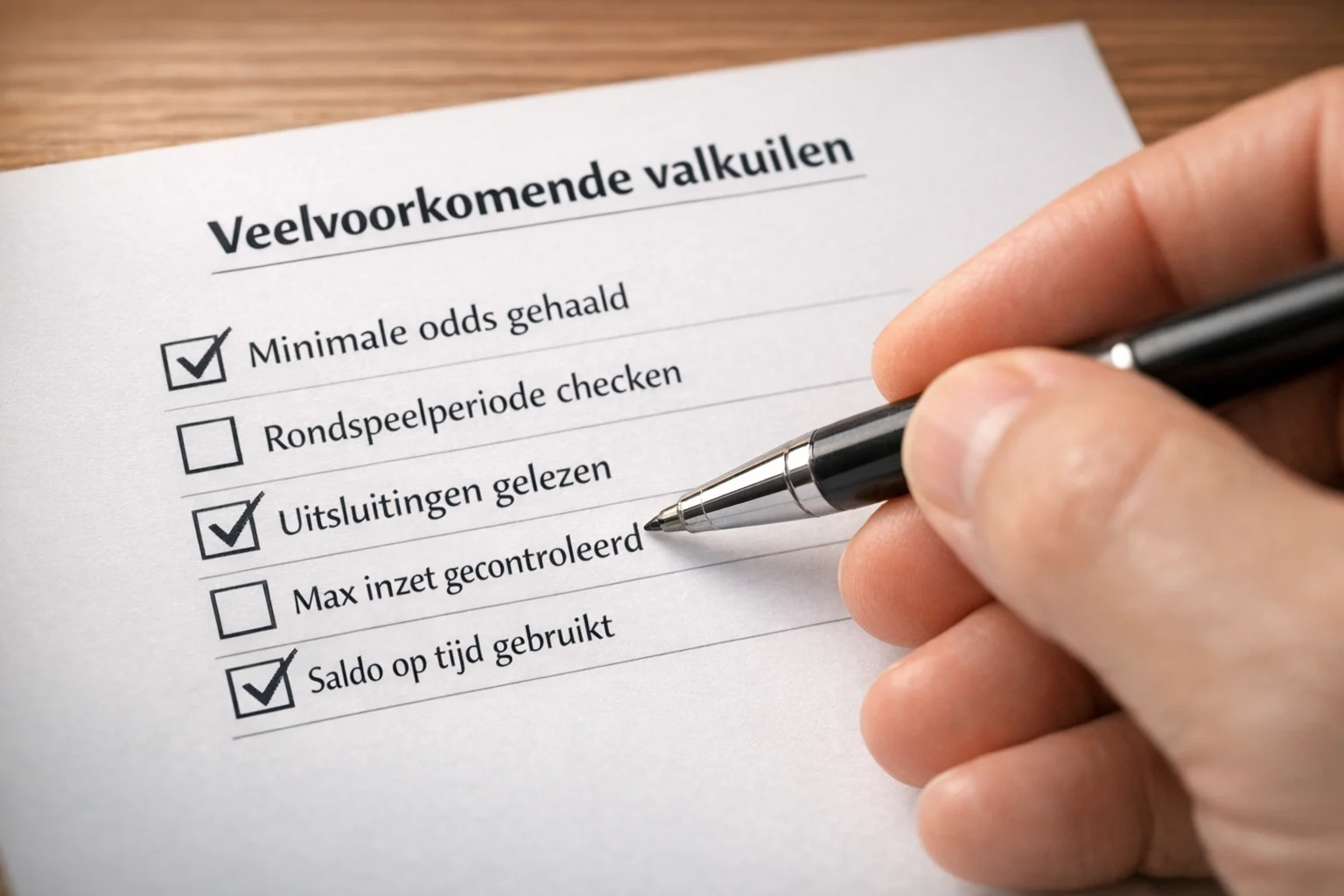 Hand met pen die checklist afvinkt op papier