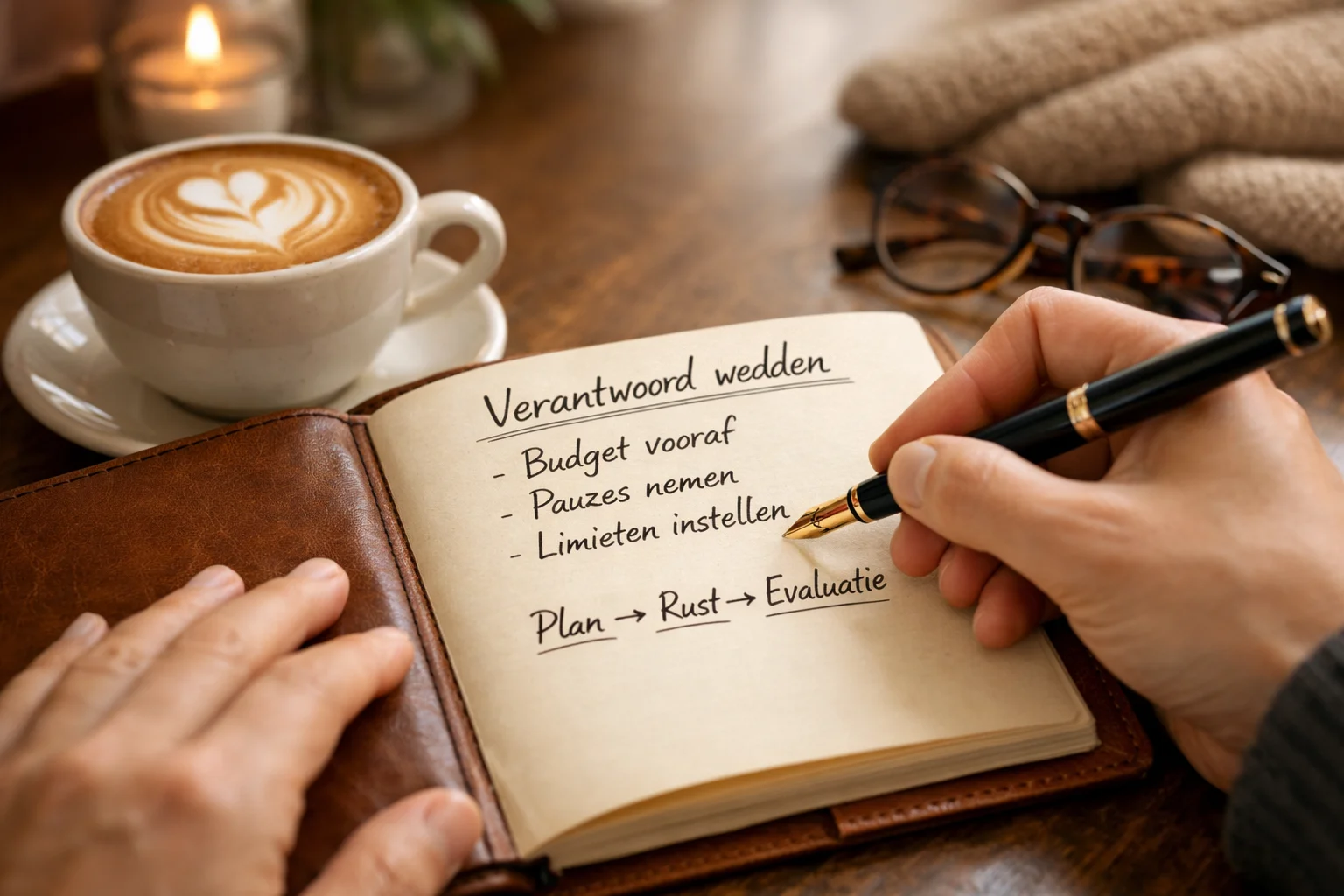 Persoon maakt aantekeningen in notitieboek met kop koffie