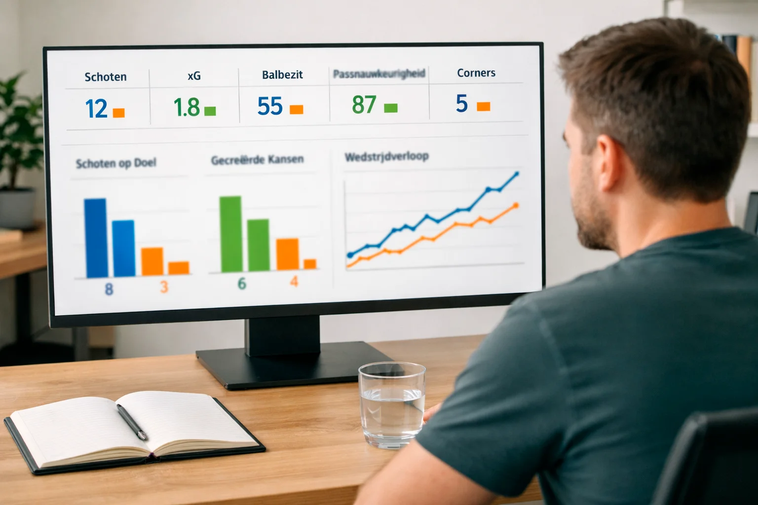 Persoon bekijkt voetbalstatistieken op groot computerscherm