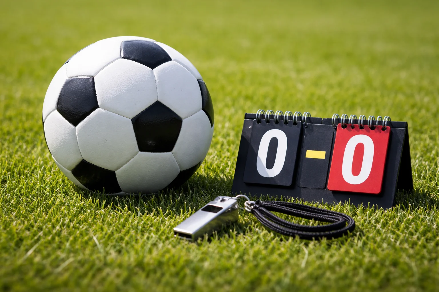 Voetbal op gras met scorebordje en fluitje van scheidsrechter