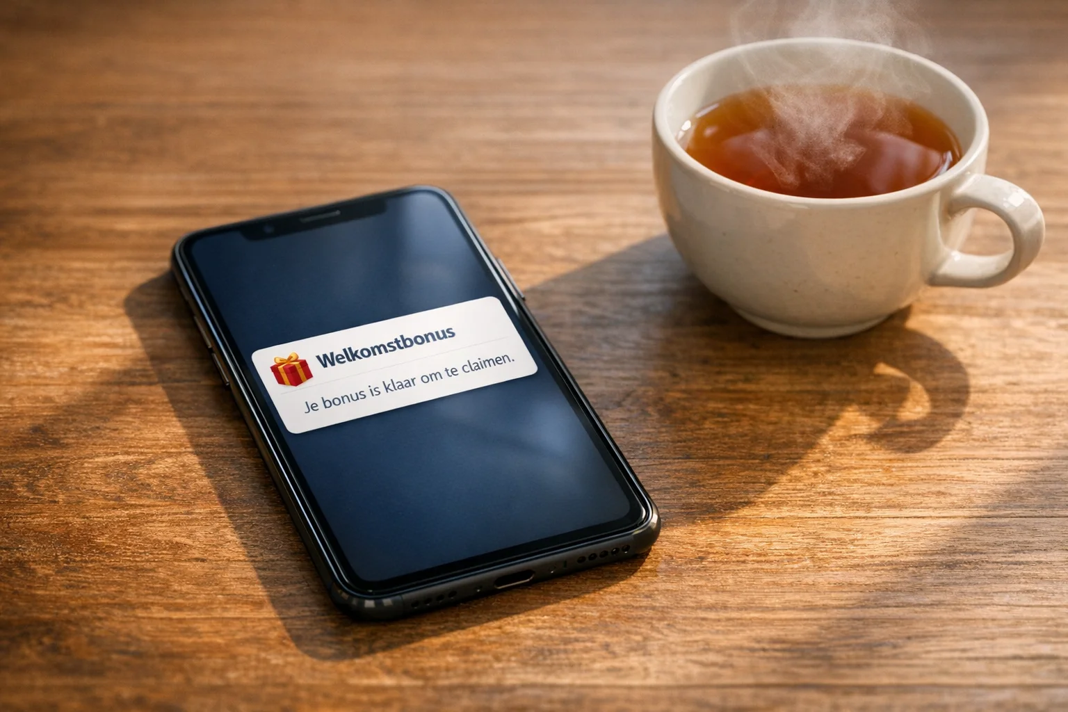 Smartphone met bonus notificatie naast kopje thee